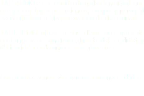 TAI STUDIO es un estudio de grabación digital que cuenta con los requerimientos, equipo y personal necesario para realizar proyectos de alta calidad. TAI STUDIO ofrece a sus clientes un trato de confianza y personalizado, brindándoles calidad y dedicación a cada uno de sus proyectos. Contactanos y nos adecuamos a tus necesidades.

